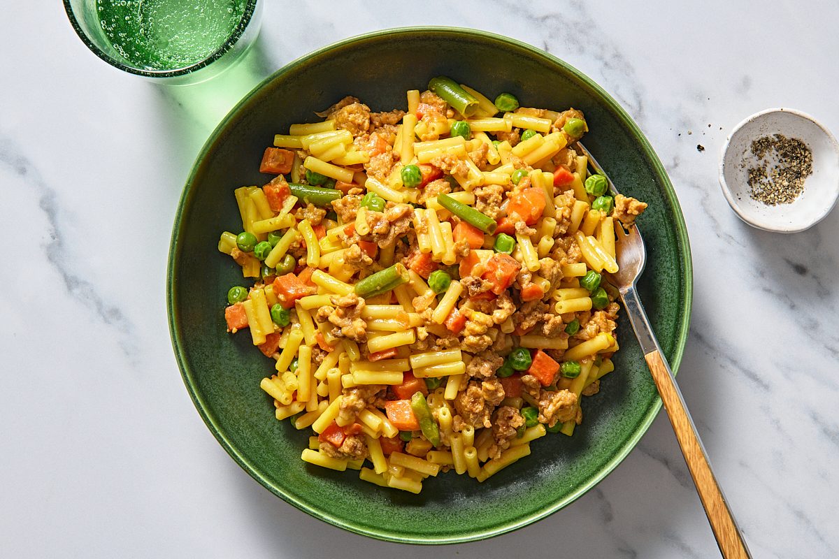 Overhead shot of hamburger mac and cheese 