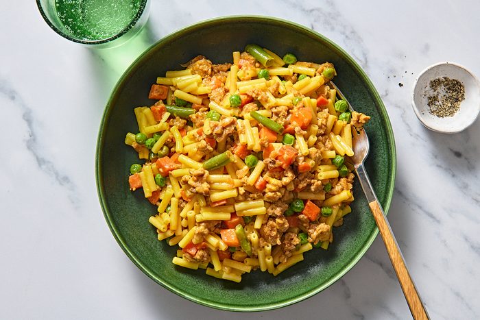Overhead shot of hamburger mac and cheese