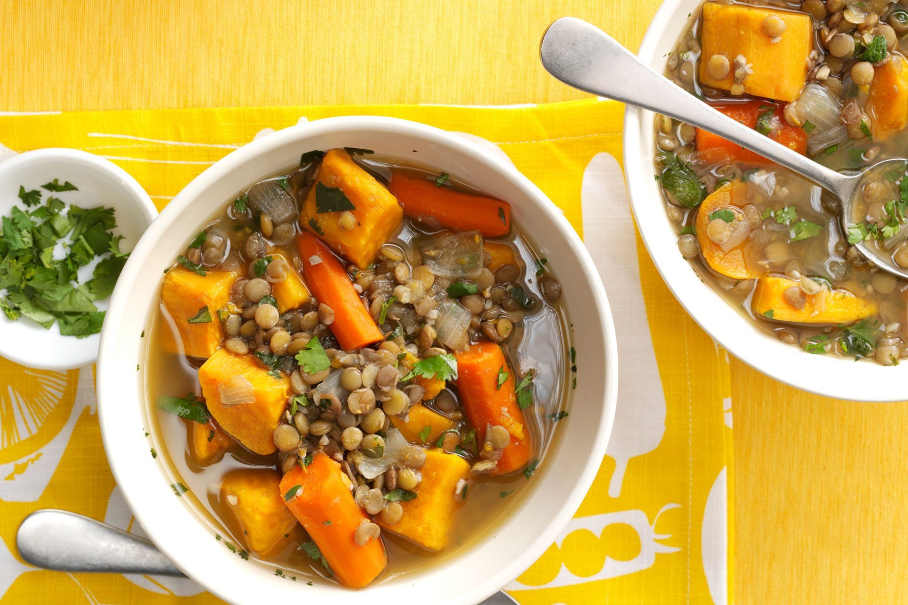 Sweet Potato Lentil Soup in two bowls
