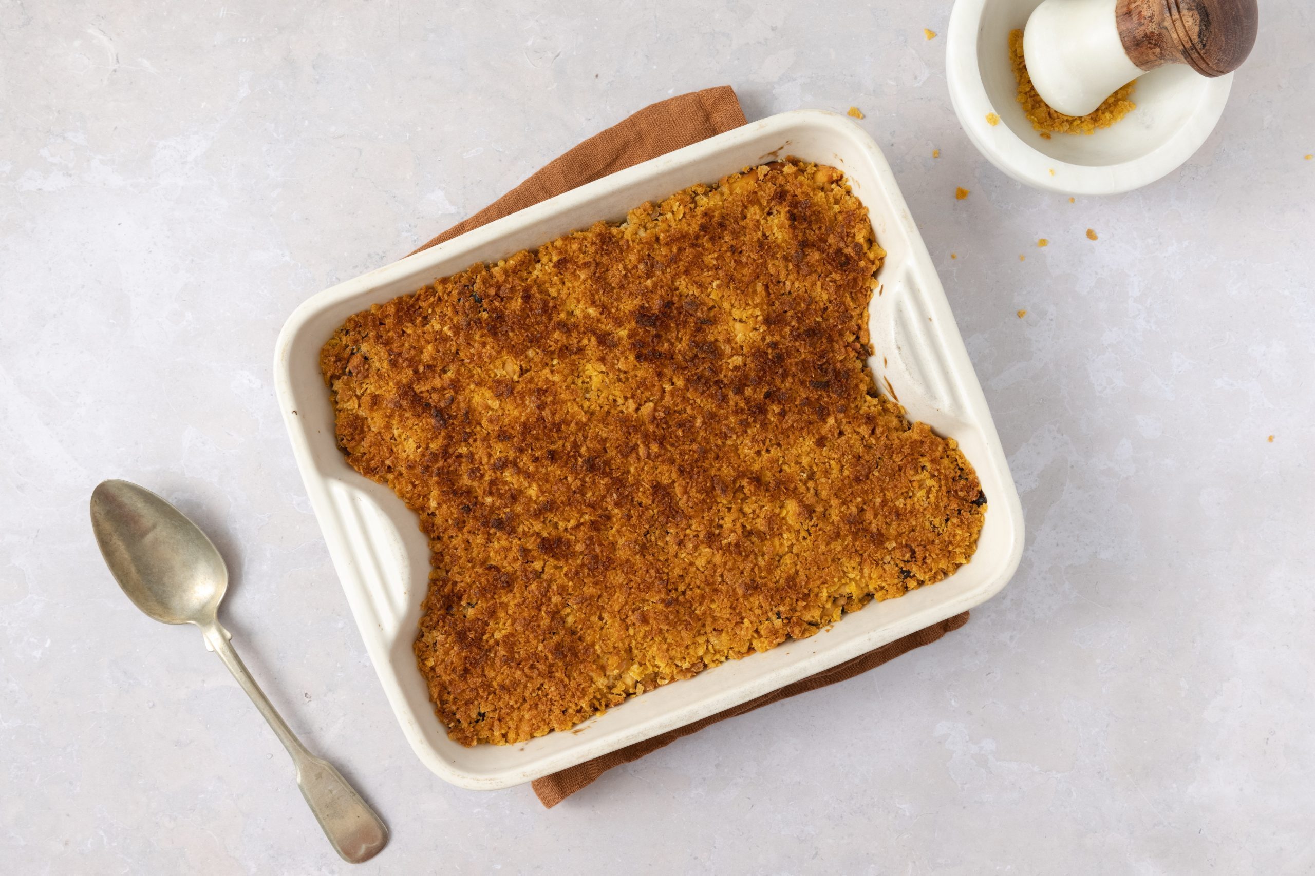 Casserole baked and ready on baking dish.