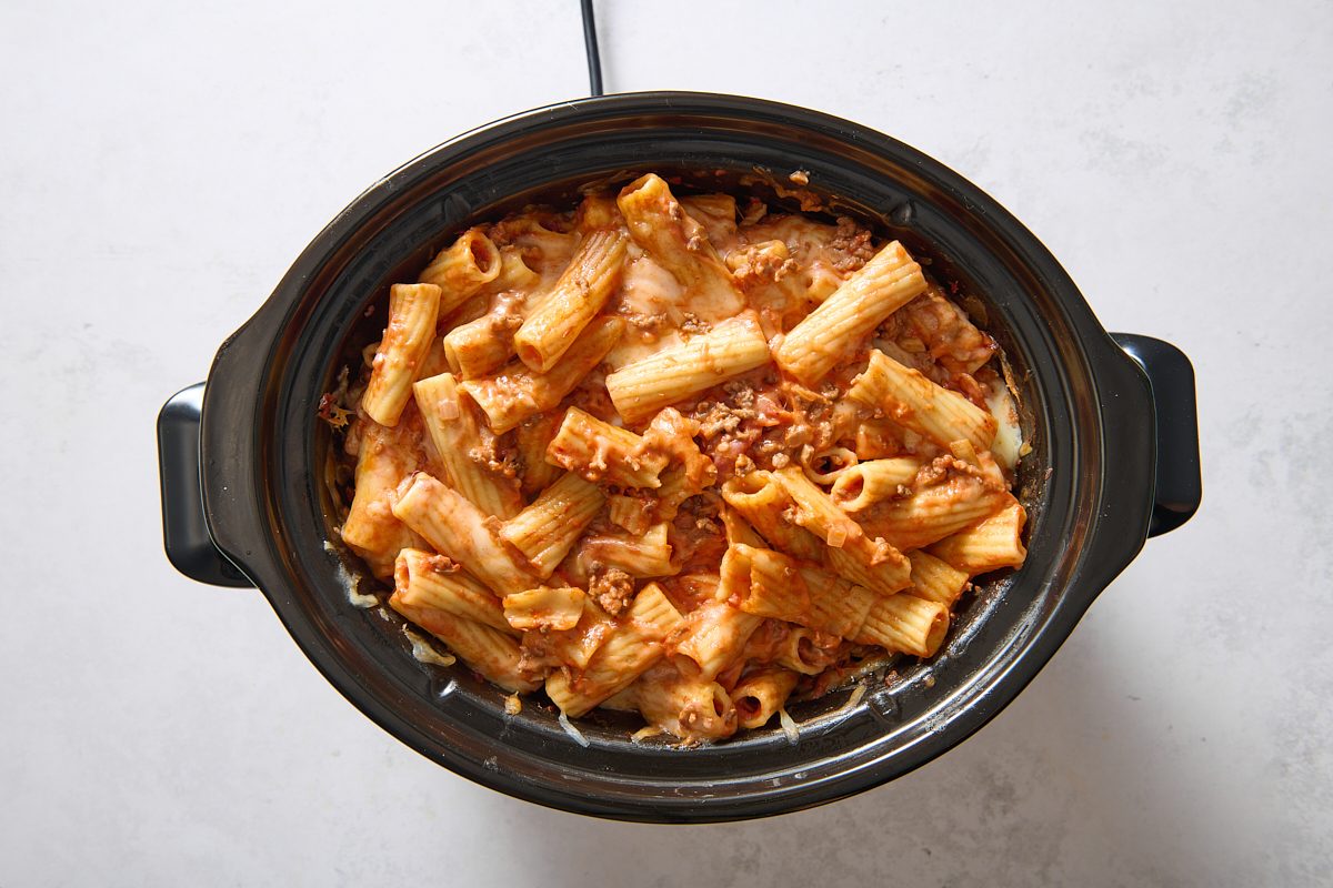 Pizza casserole after being cooked in the slow cooker