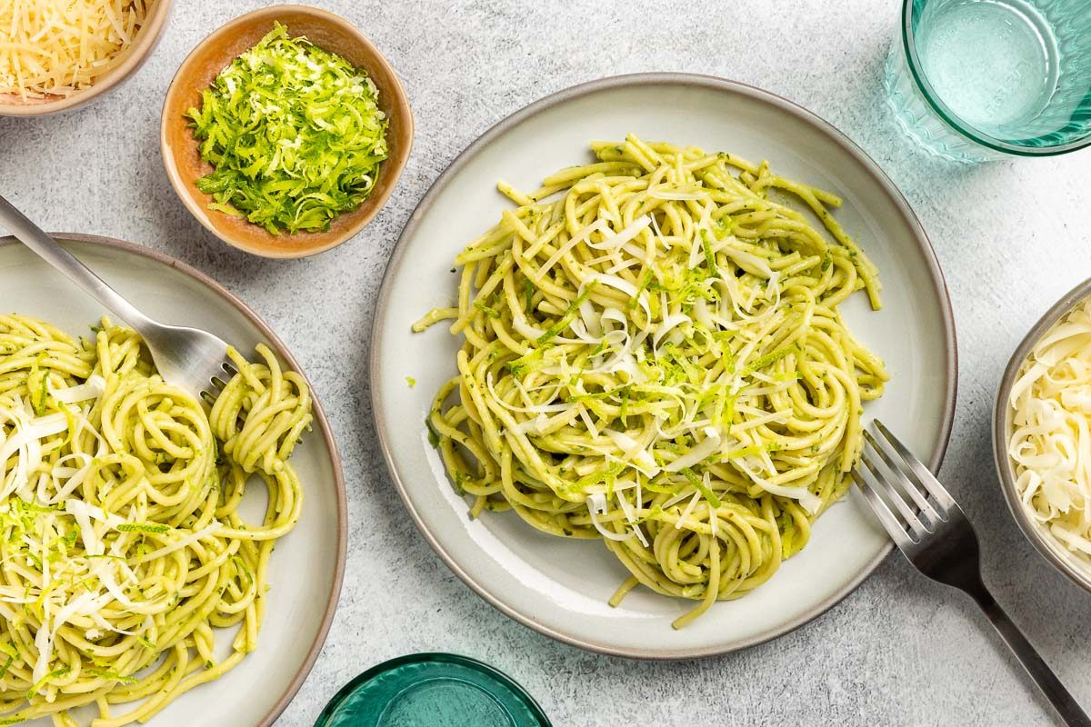 Taste of Home Avocado Pesto recipe photo of the finished recipe served on plates.