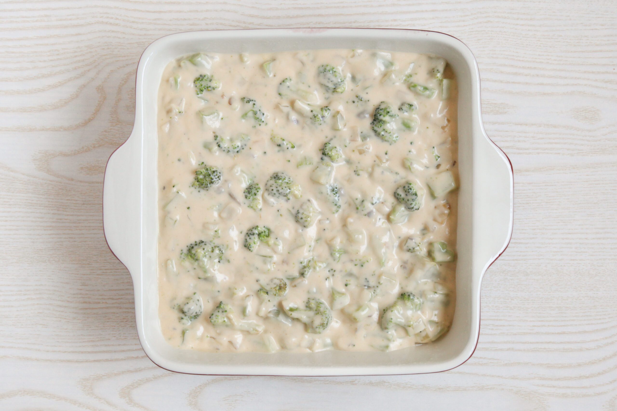 Broccoli rice casserole ready to bake