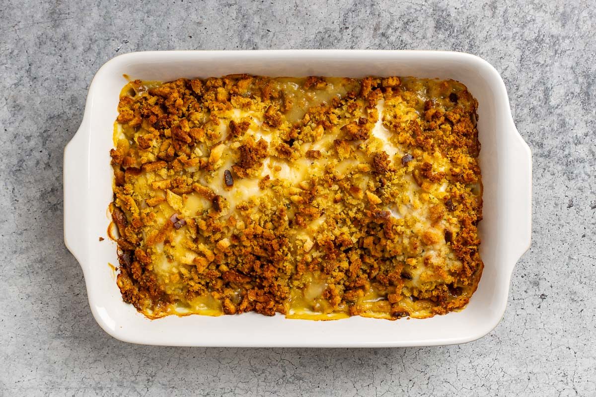 Taste of Home Chicken and Stuffing Casserole recipe photo of recipe fresh out of the oven.