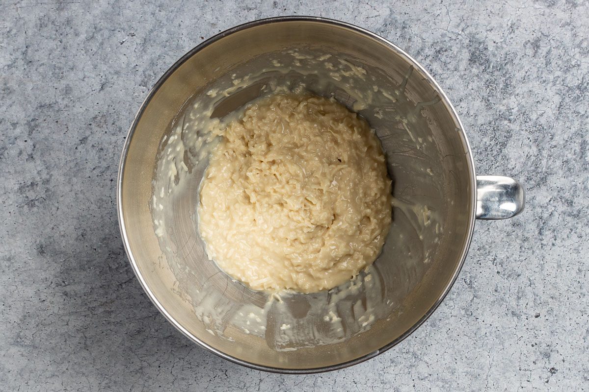 Taste of Home Coconut Macaroons recipe photo  of the ingredients mixed and mixing bowl.