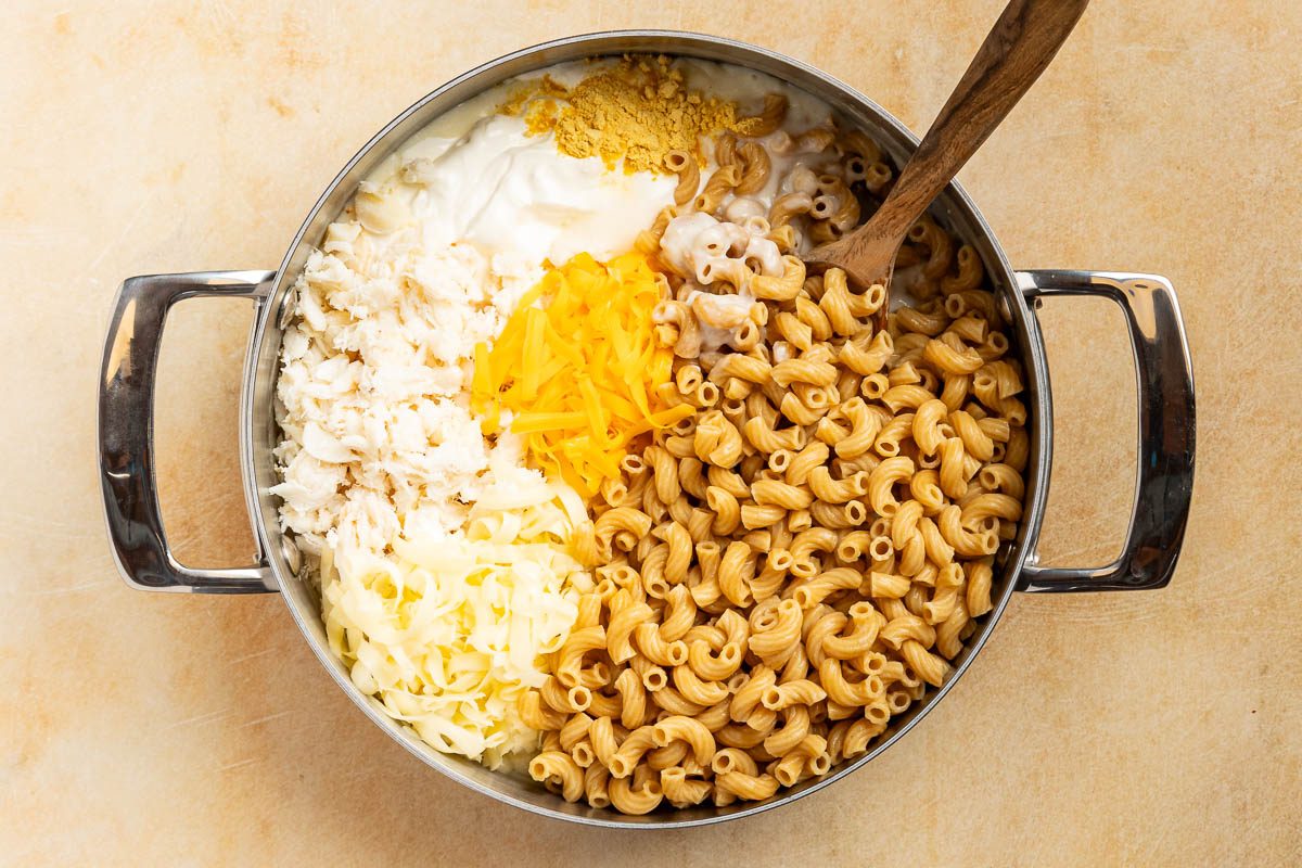 Taste of Home Crab Mac and Cheese recipe photo of the remaining mac and cheese ingredients in the skillet.