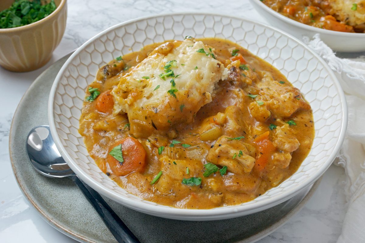 A bowl of Crock-Pot Chicken and Dumplings RMS 201122 for Taste of Home