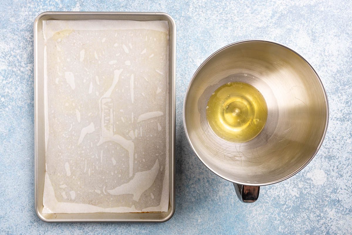 Taste of Home Ice Cream Cake Roll recipe photo of baking sheet and mixure bowl with oil.