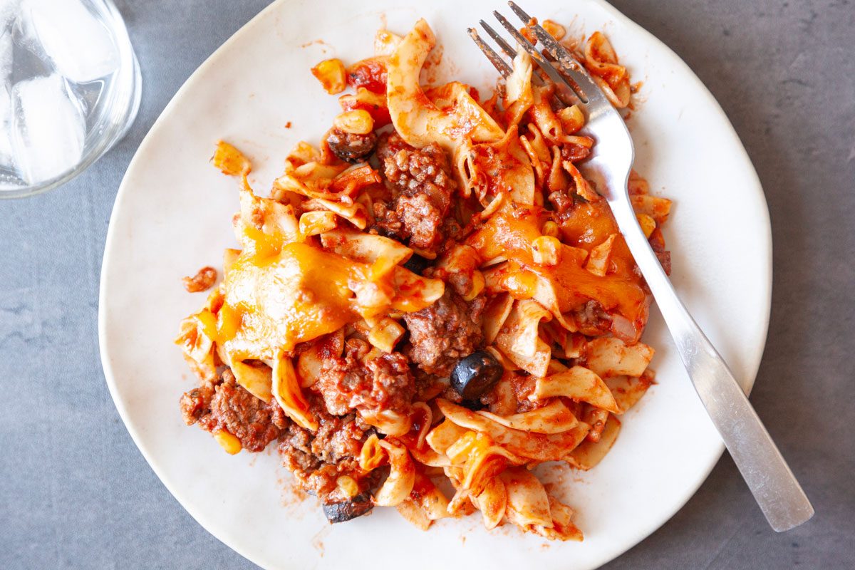Close up of single serving of Taste of Home Italian Casserole on a white plate