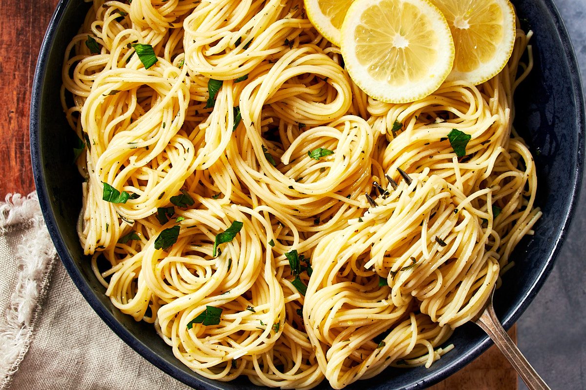 Lemon Pasta Hero- close up of lemon pasta in a bowl