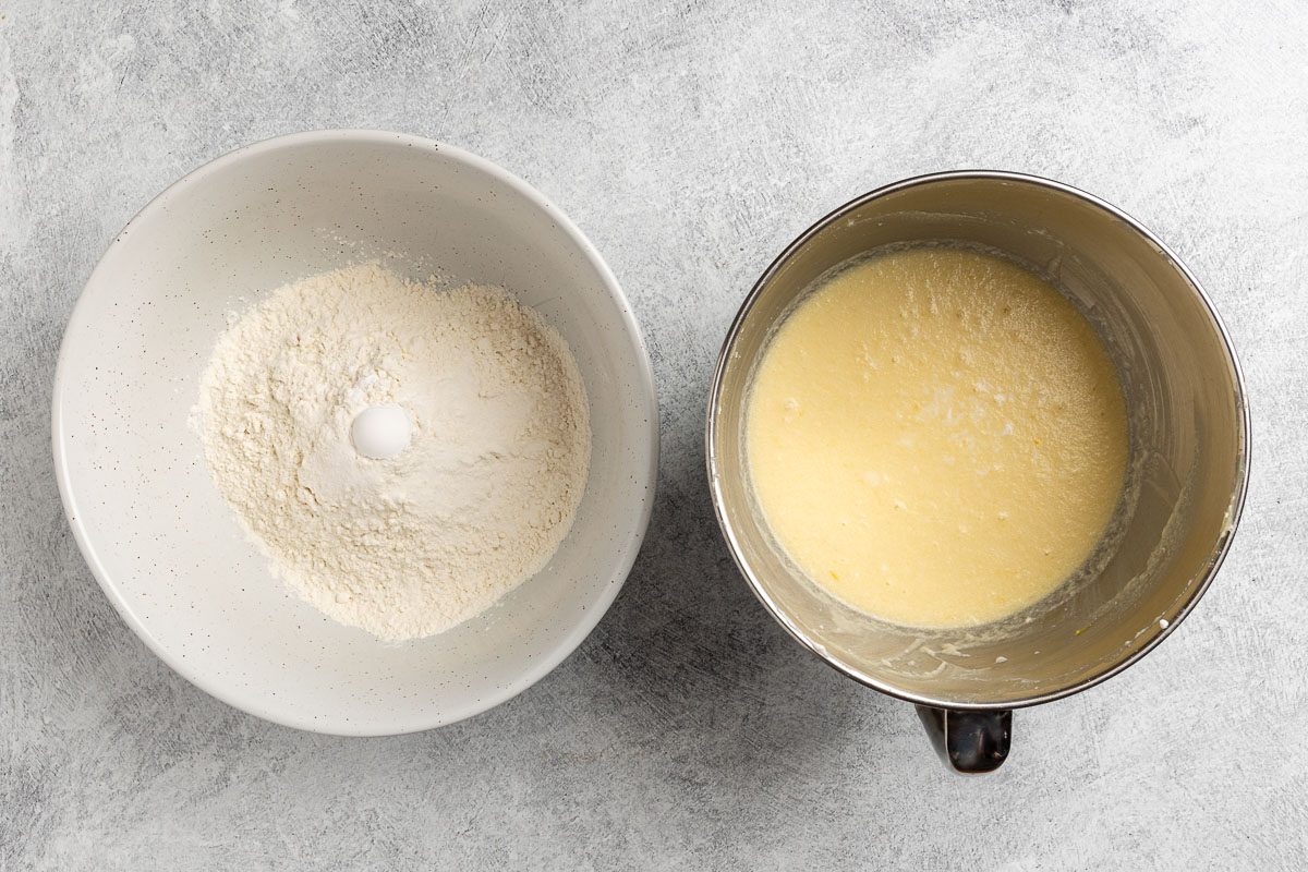 Taste of Home Lemon Ricotta Cookies photo of the dry mixed ingredients in a bowl and the wet mixed ingredients in another bowl.