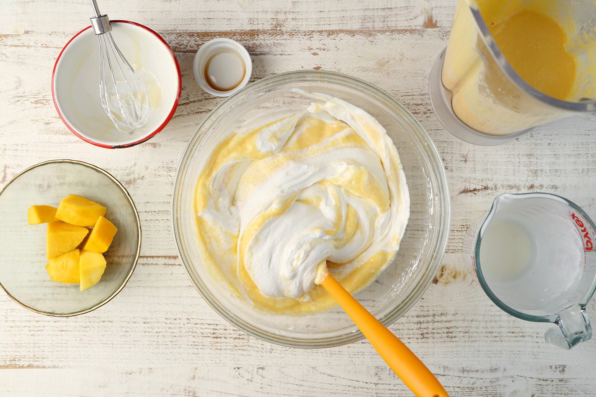 A how to image on how to mkae Taste of Home's no-churn Mango Ice Cream recipe.