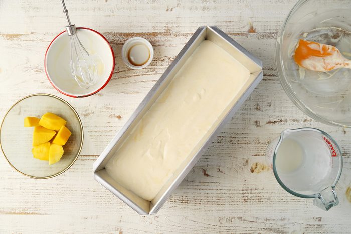 A how to image on how to mkae Taste of Home's no-churn Mango Ice Cream recipe.
