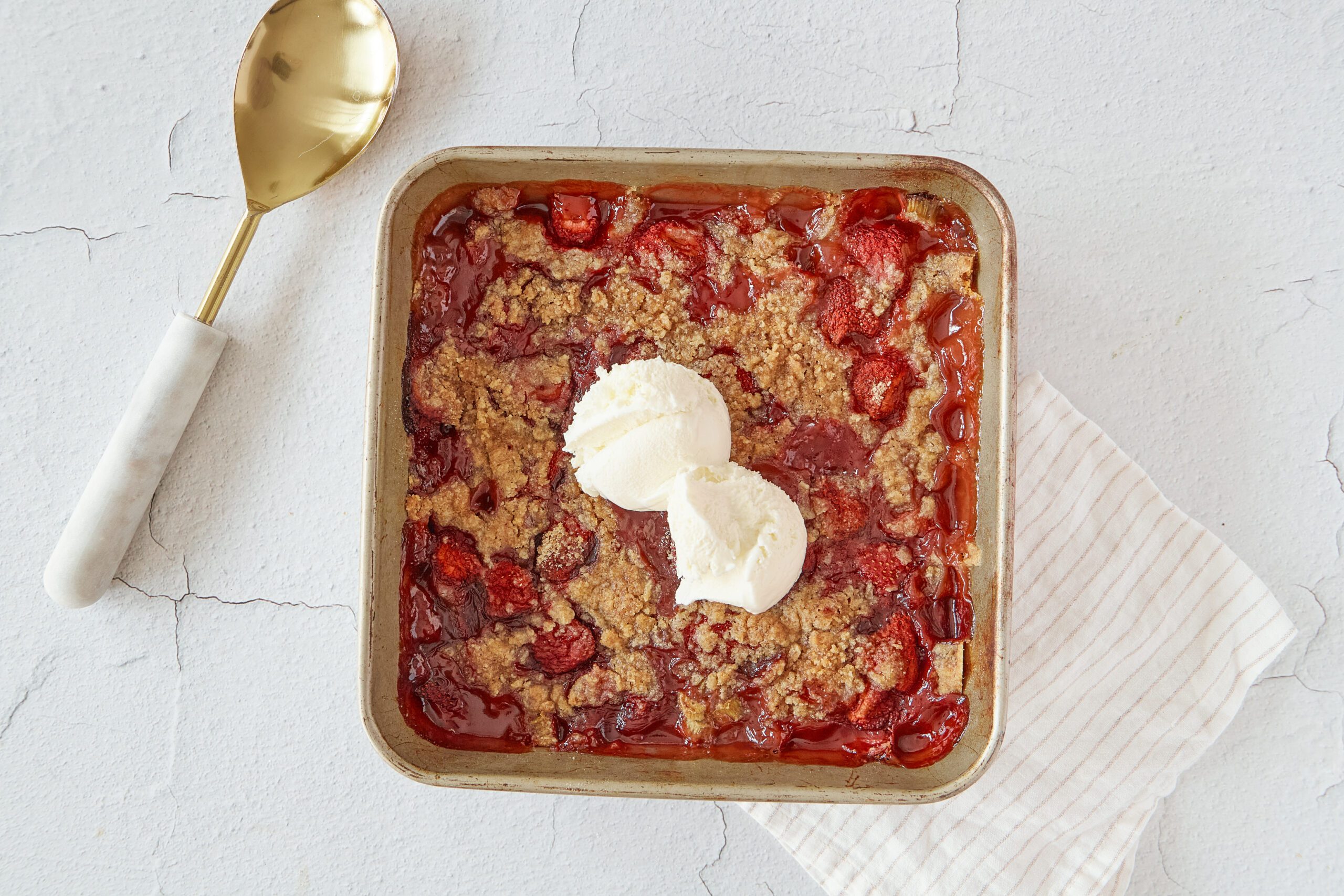 Strawberry rhubarb crumble is a summer favorite.
