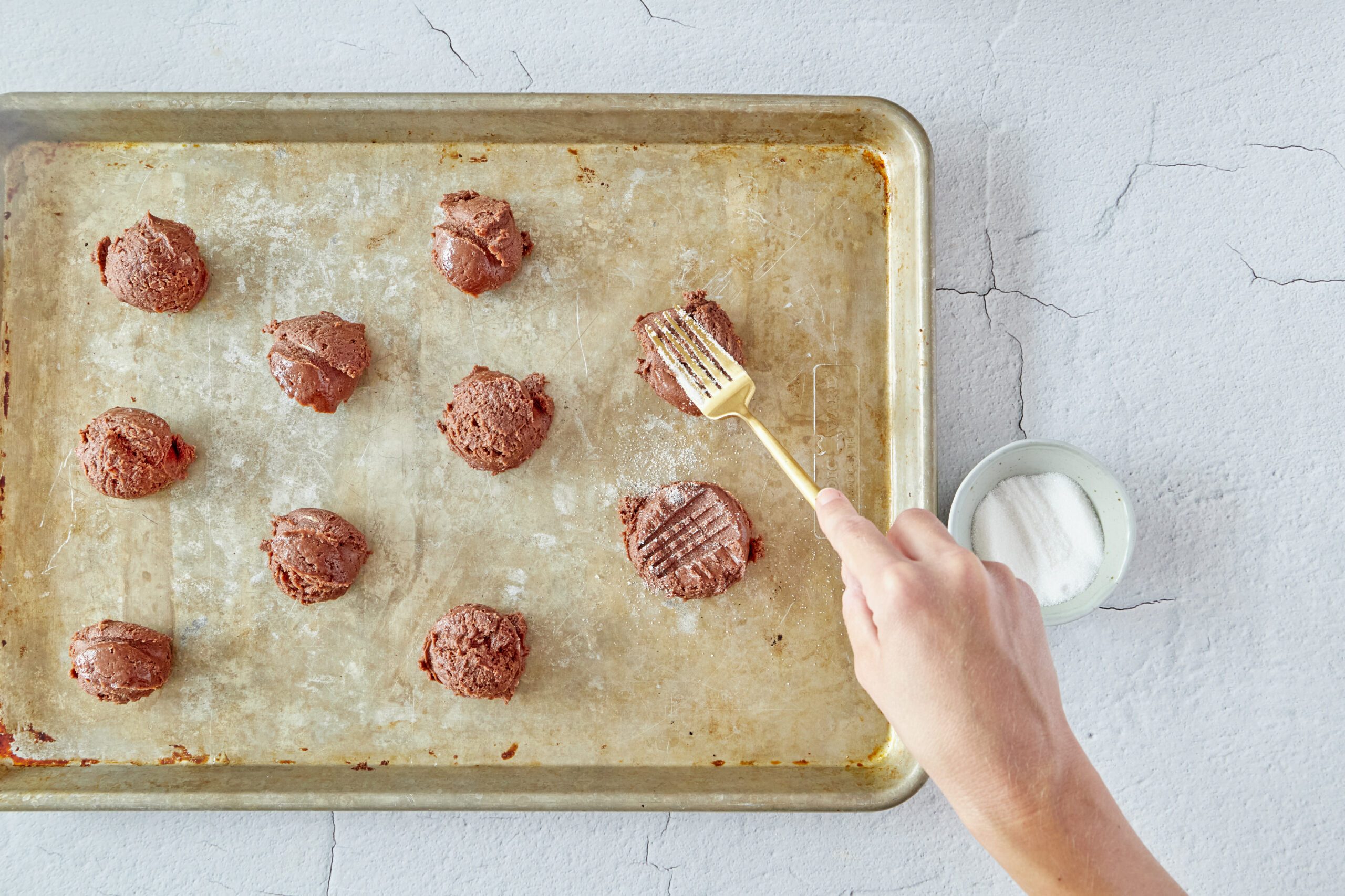 Shape the chocolate peanut butter cookies.