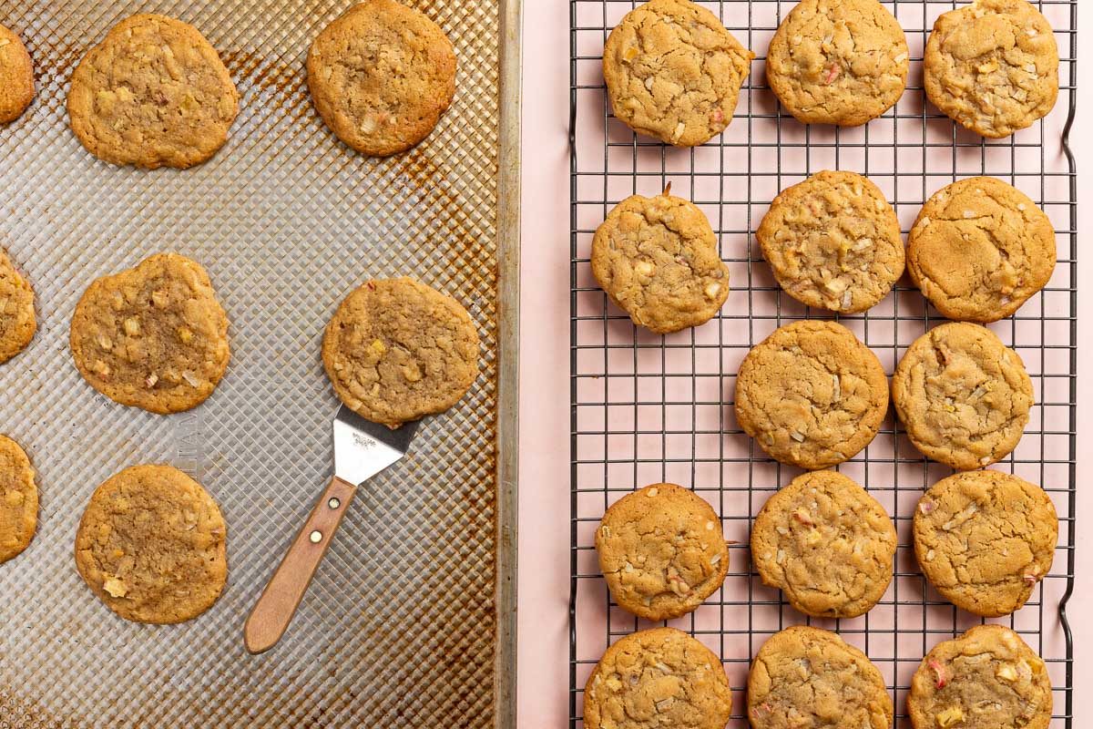 Taste of Home Rhubarb Cookies recipe photo of the baked cookies cooling on rack.