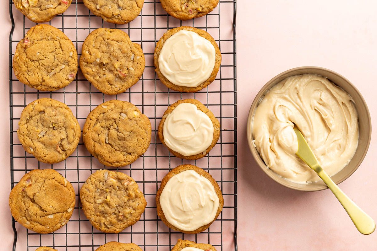 Taste of Home Rhubarb Cookies recipe photo of frosting being spread over the cookies.