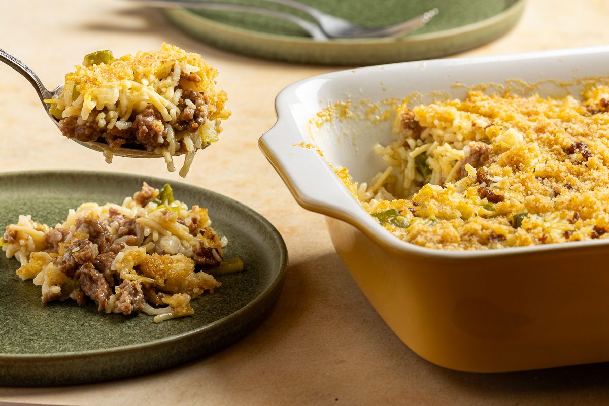 Taste of Home Sausage Rice Casserole recipe photo of the finished recipe.