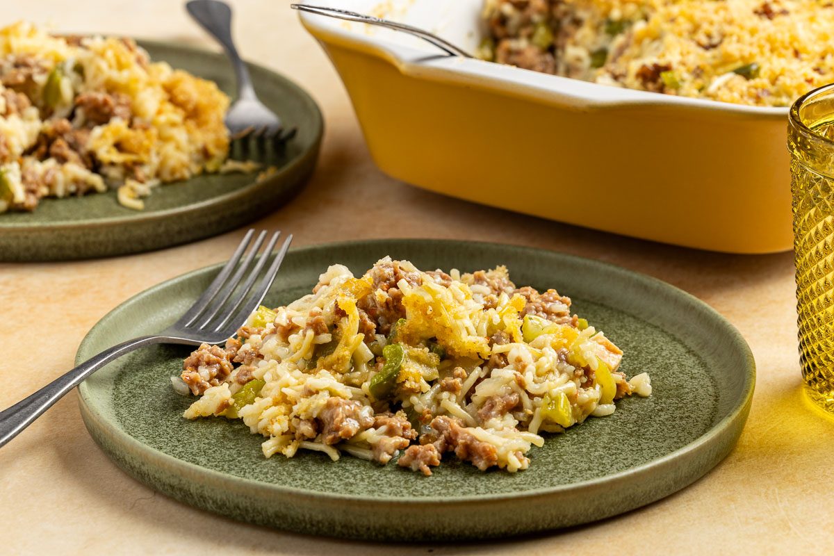 Taste of Home Sausage Rice Casserole recipe photo of the finished recipe.