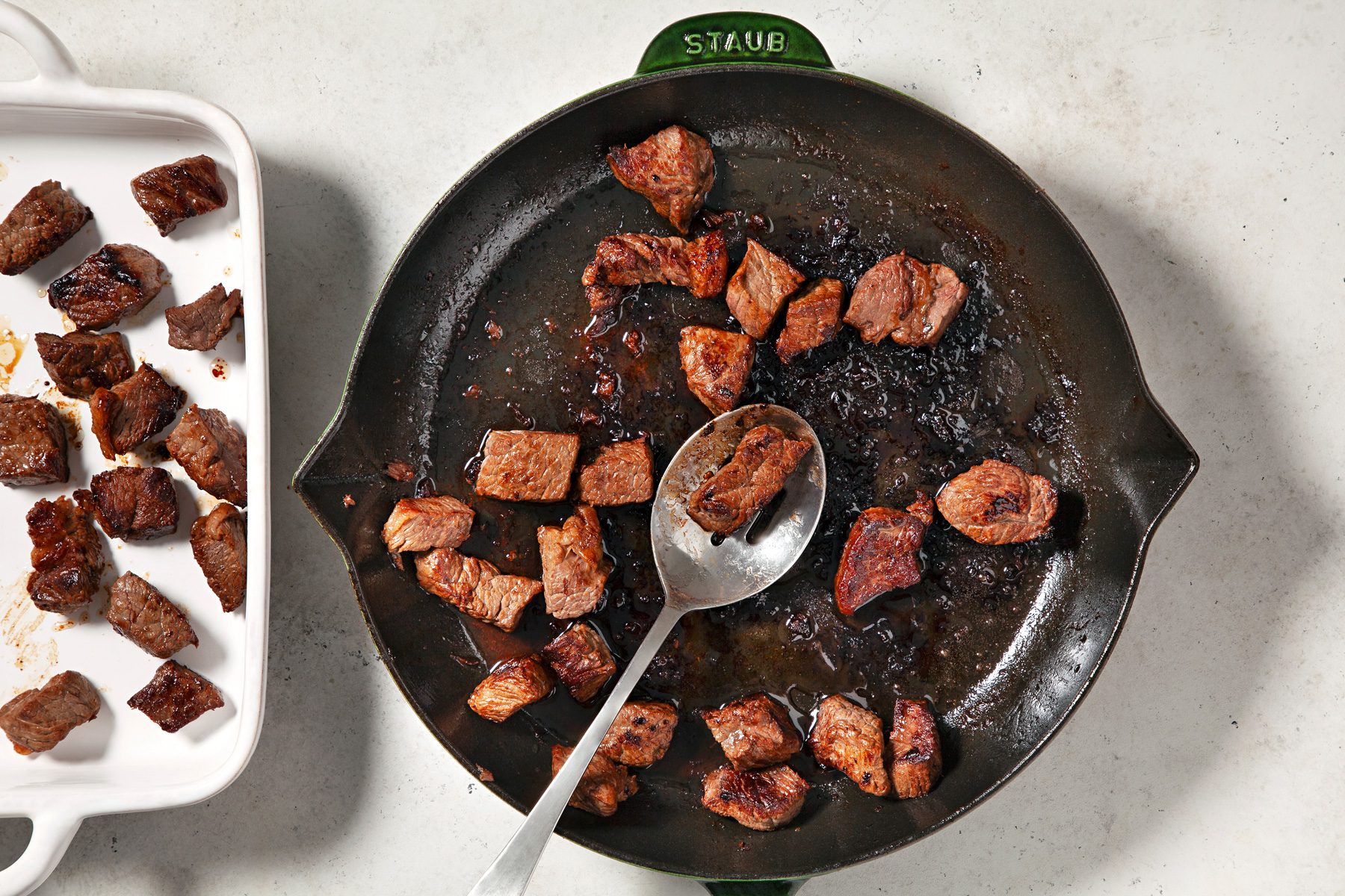 In a large skillet, brown meat in butter and oil; overhead shot