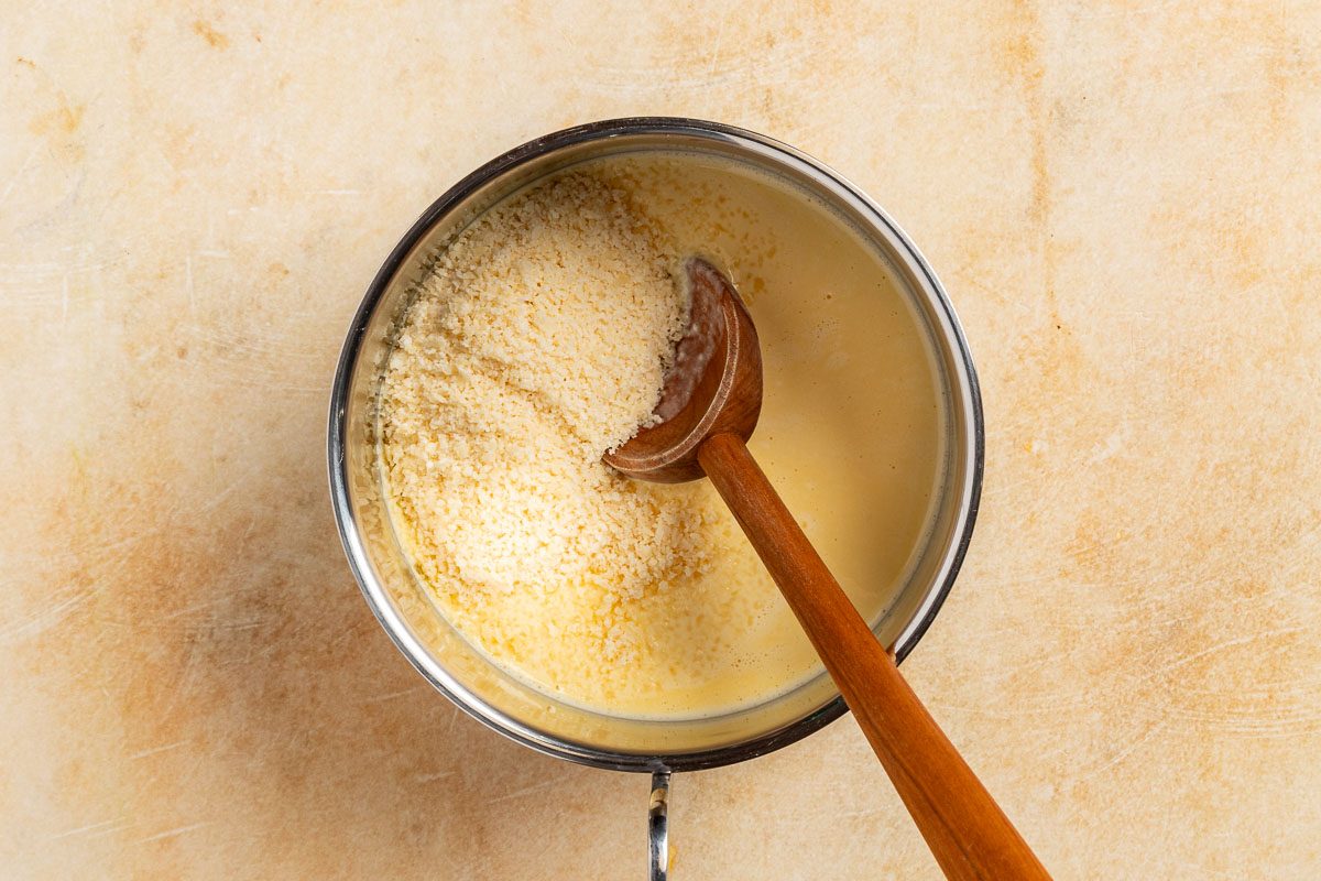 Taste of Home Skillet Pasta with Bacon and Egg recipe photo of the sauce prep.