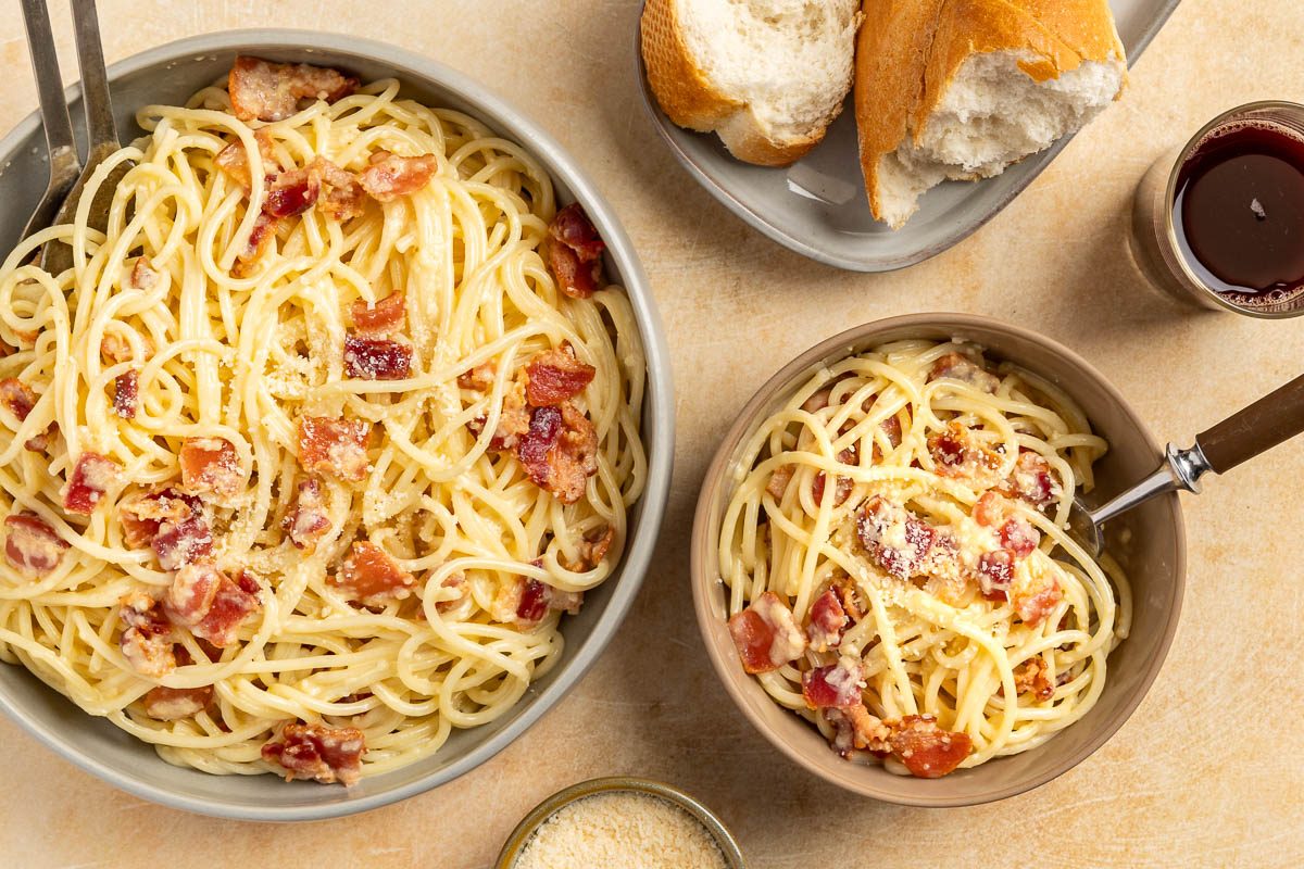 Taste of Home Skillet Pasta with Bacon and Egg recipe photo of the finished recipe served in a serving bowl.