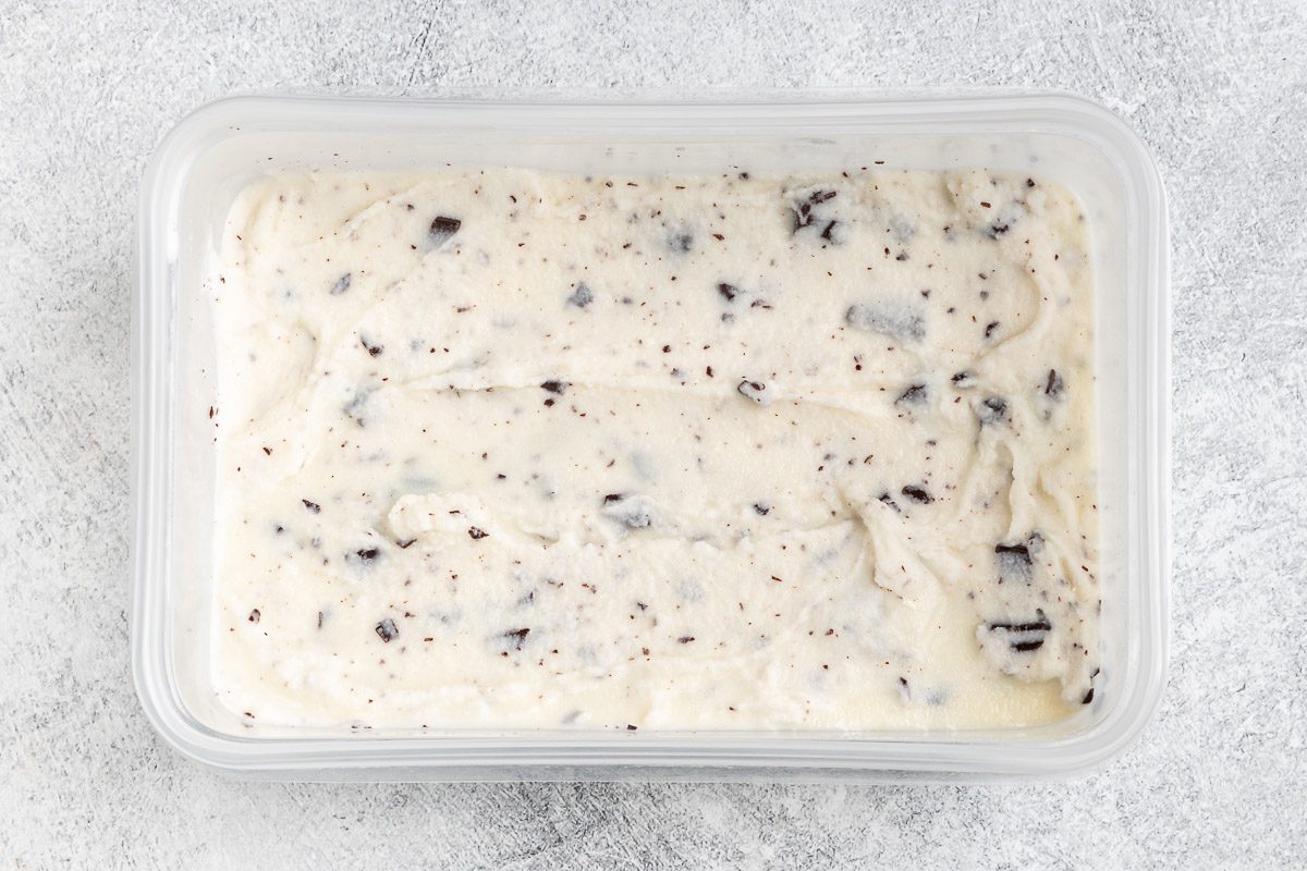 Taste of Home Stracciatella Gelato recipe photo of the gelato in a freezer safe container.