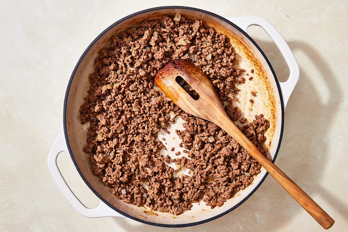 String Cheese Manicotti Step 2- cooked beef and onion in skillet