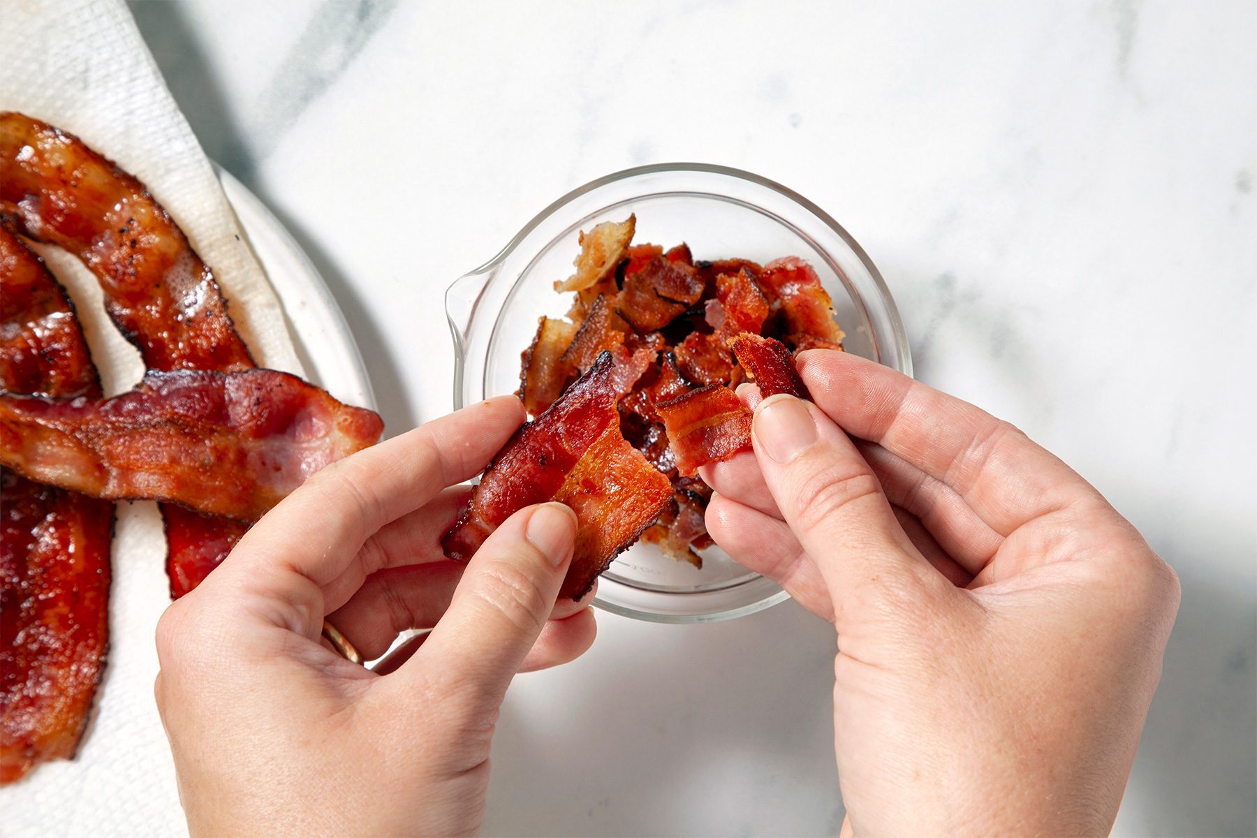 overhead shot; Crumble bacon and set aside;