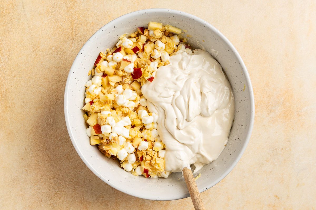 Taste of Home Taffy Apple Salad recipe photo of all the ingredients folded together.