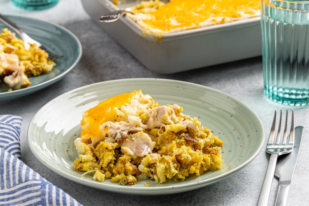 Taste of Home Thanksgiving Casserole recipe photo of the finished recipe served on plates.