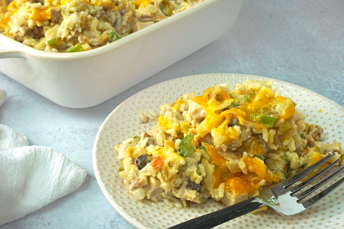 A serving of Turkey Rice Casserole on a plate with a fork by Taste of Home RMS 17968