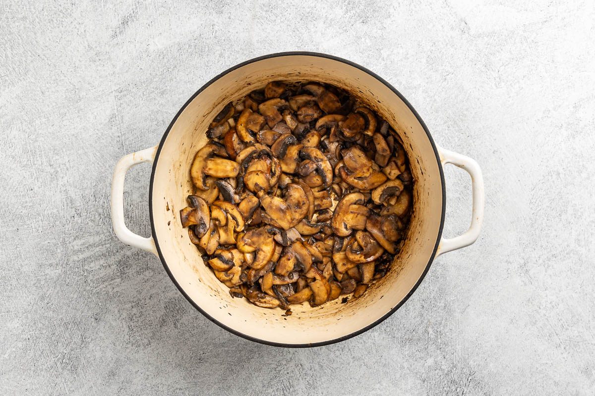 Taste of Home Wild Rice and Mushroom Soup recipe photo of the mushrooms sauteed in ducth oven.