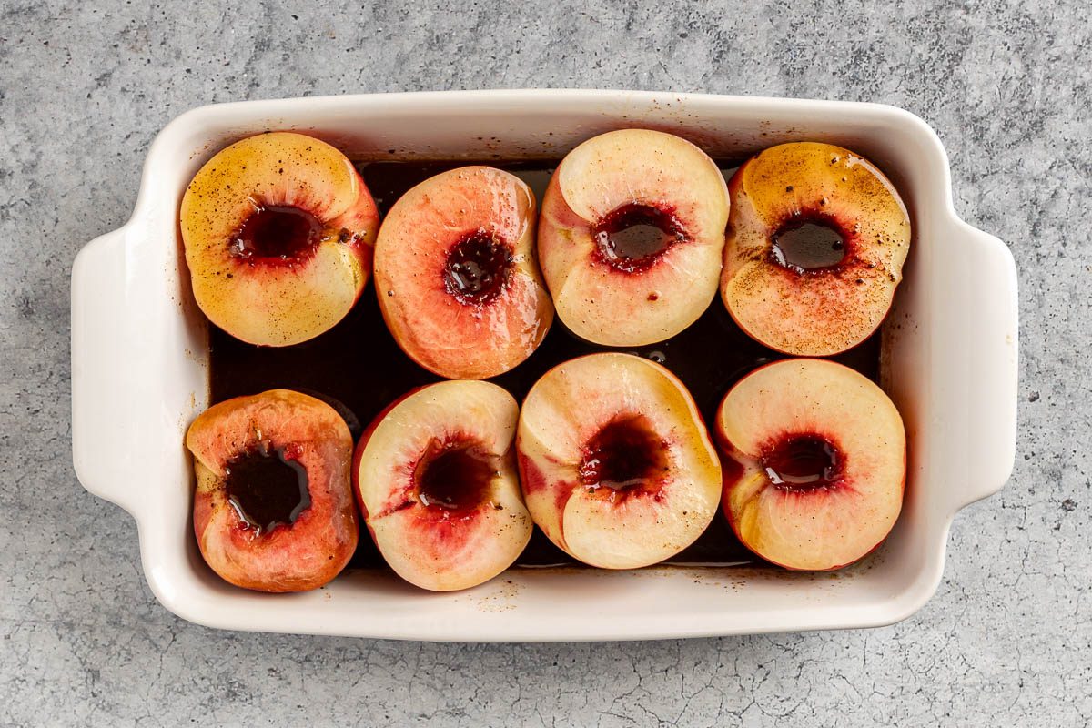 Taset of Home Baked Peaches photo of the glaze poured over the peaches.