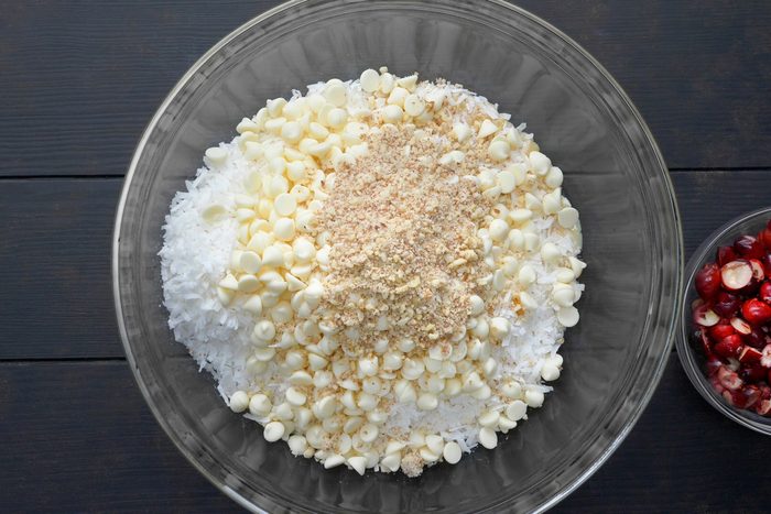 top view shot of mixing ingredients in large bowl
