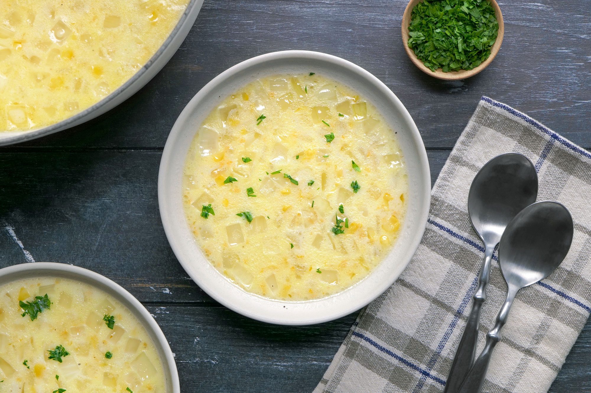 overhead shot of corn chowder;