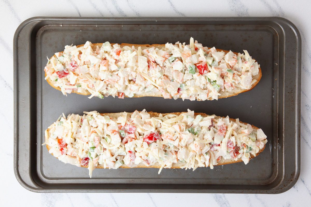 Step 2 of Taste of Home Crab Salad Sandwiches is to place on a baking sheet and broil for 5 inches for seven to eight minutes, or until lightly browned. Cut into 3-inch pieces