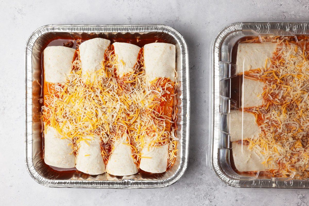 Step 4 of Taste of Home Crock-Pot Chicken Enchiladas is to cover one dish tightly and freeze for up to three months. Cover the second dish and bake at 350°F for 20 minutes. Uncover; bake until the cheese is lightly browned, about five minutes longer.