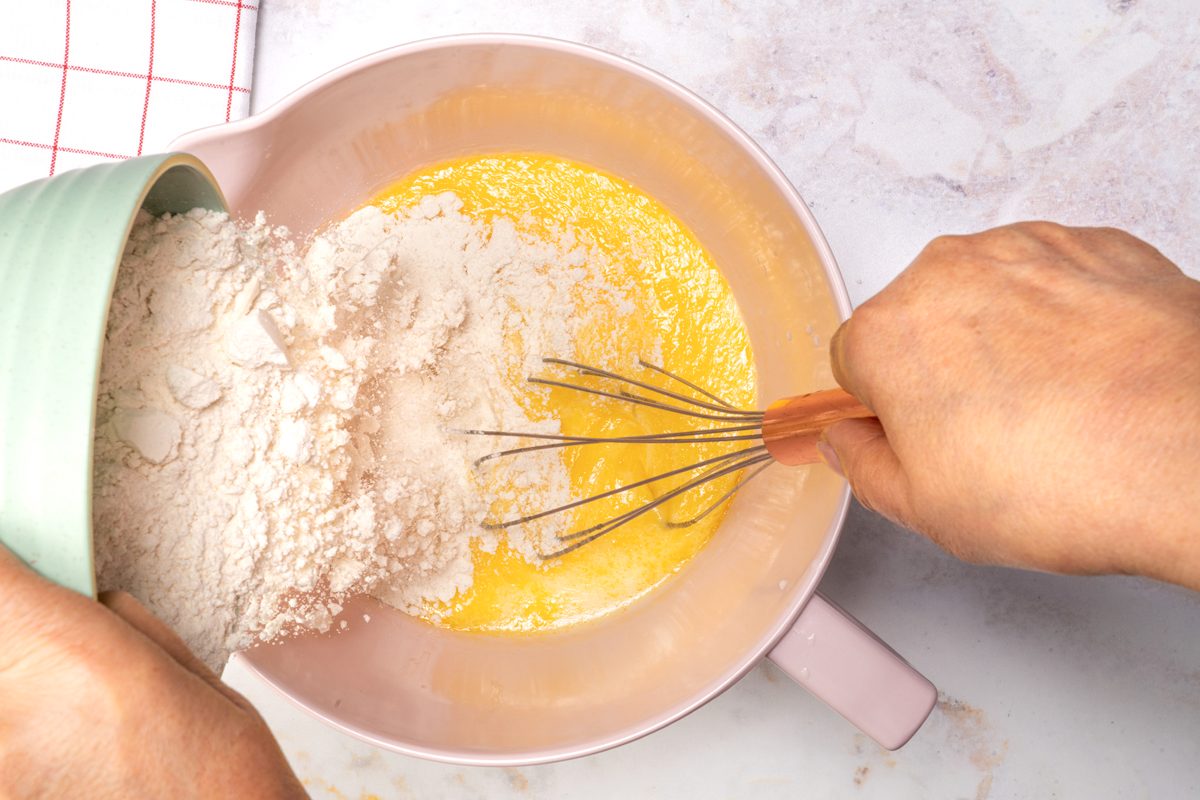 Adding flour for Pancakes prep
