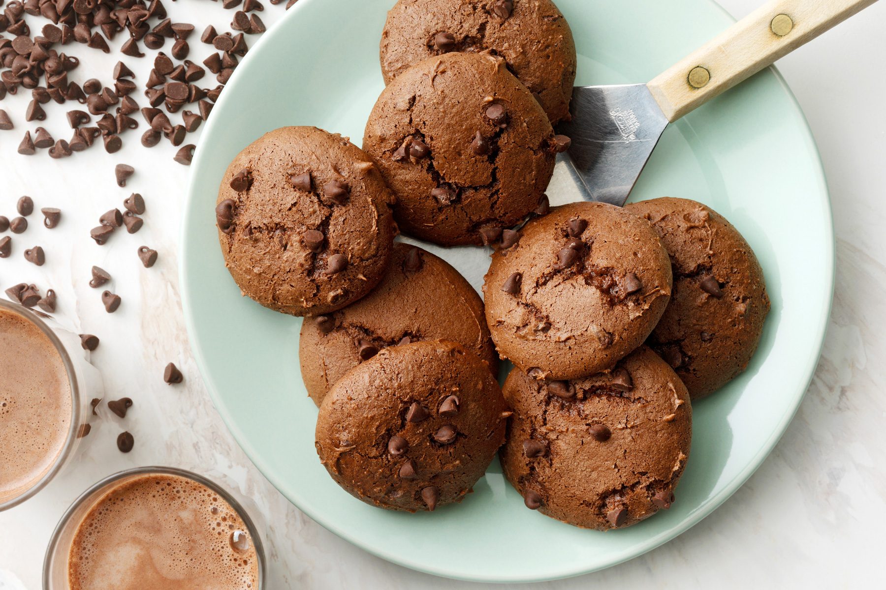 Devil's Food Cookies top view shot on green plate