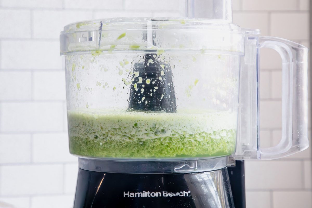 Shot for Taste of Home Jalapeno Jelly with ingredients processed in a food processor. 