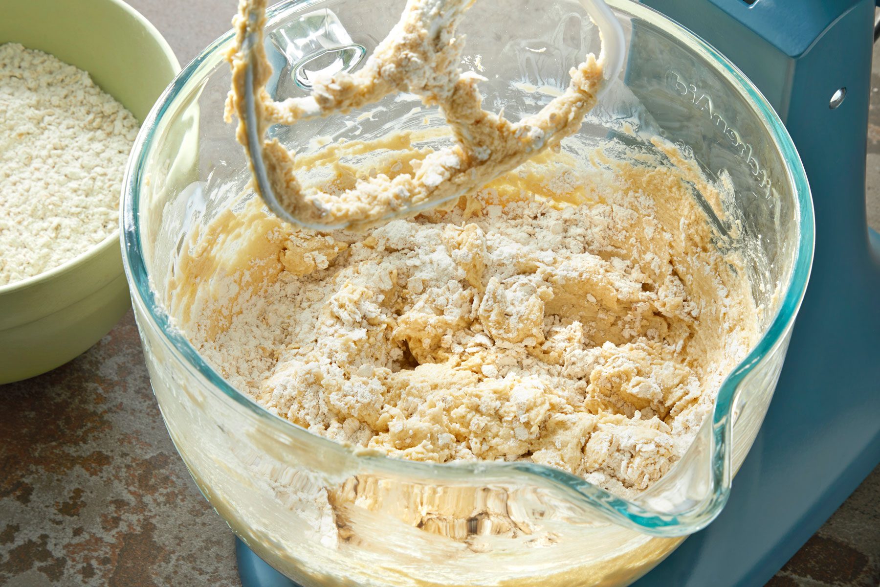 Flour, baking soda and salt mixture added to the butter mixture.