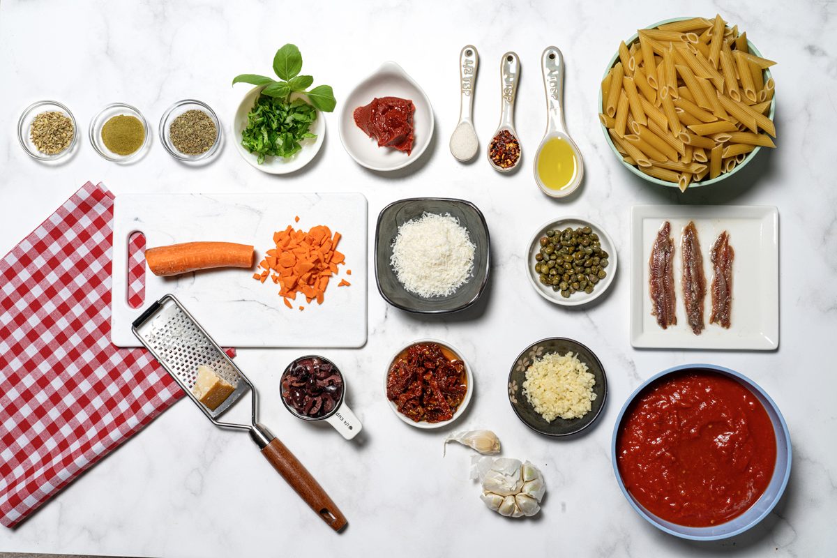 Pasta Puttanesca ingredients