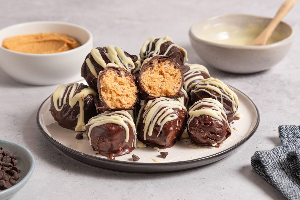 Closeup of plate with peanut butter rice crispy balls