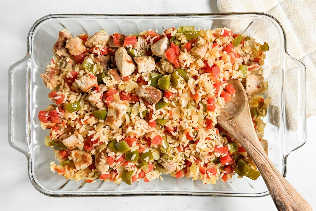 Taste Of Home Pork And Rice In A Glass Baking Dish