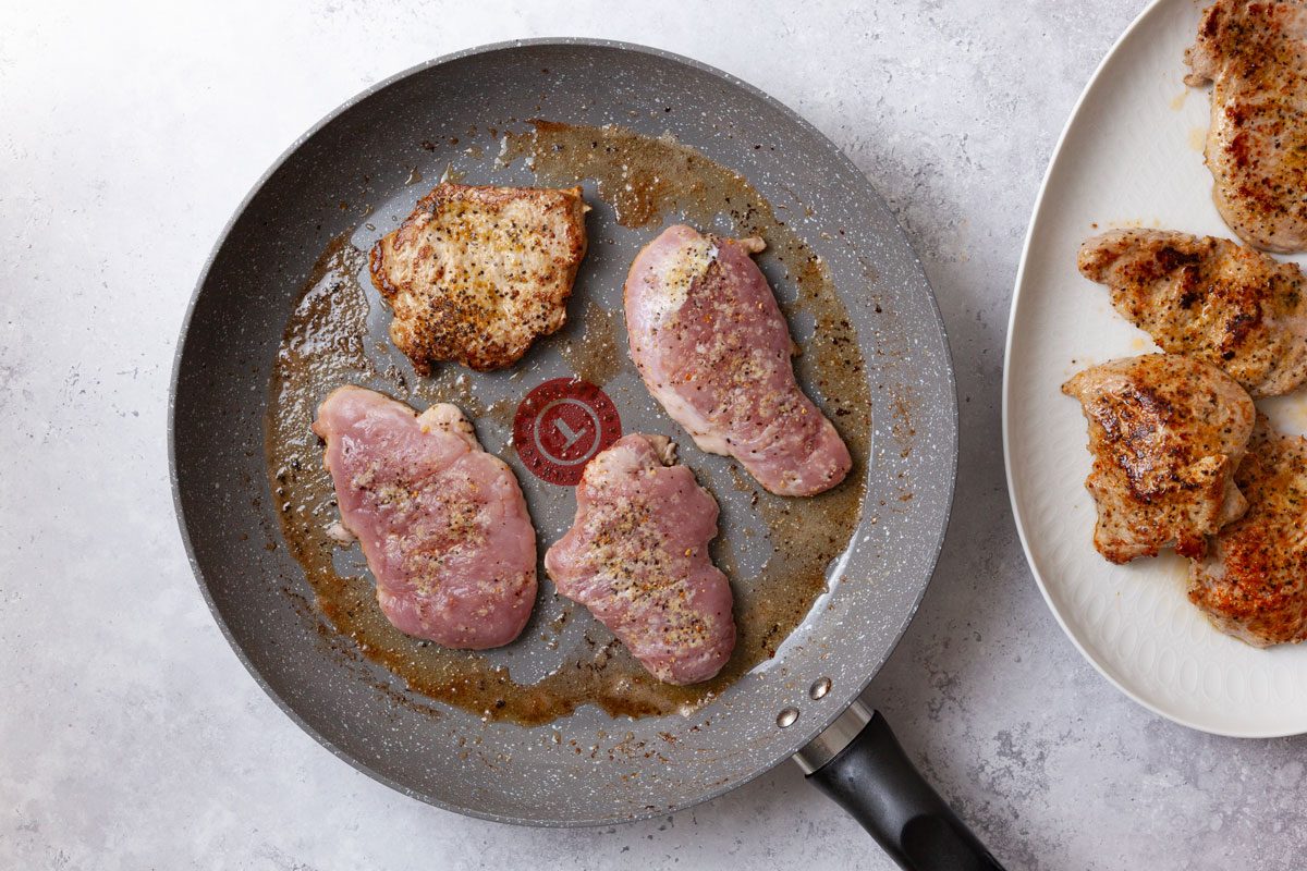 Step 2 of Taste of Home Pork Diane is to melt the butter and then cook pork until a thermometer reads 145°F.This will take about three to four minutes on each side. Remove the meat to a serving platter and keep it warm.