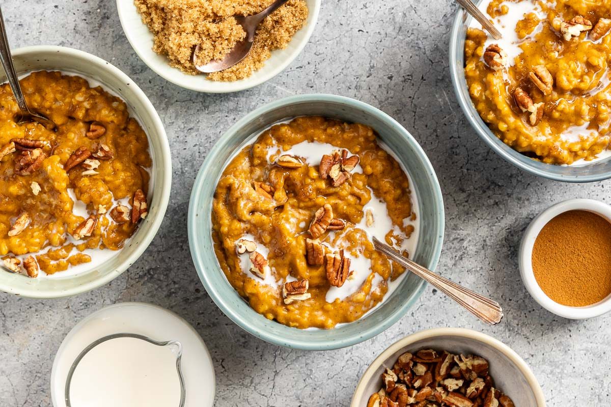 Taste of Home Pumpkin Oatmeal recipe photo of the finsihed oatmeal served into bowls.