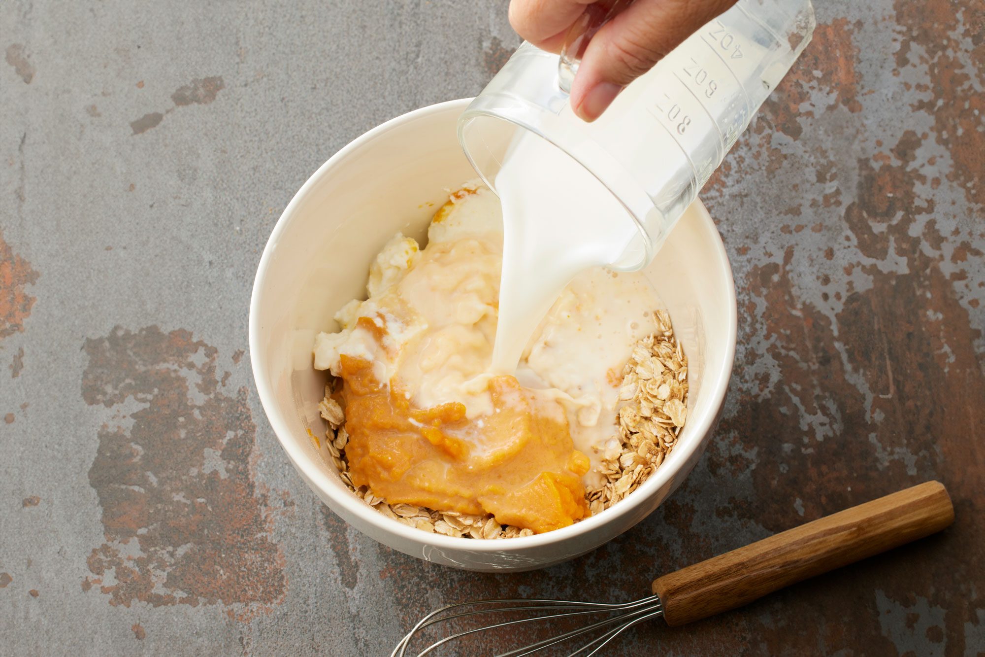 Stir in milk, pumpkin, yogurt and vanilla until combined