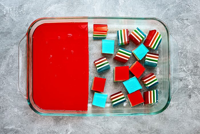 Rainbow jello cut into cubes, from a recipe by Taste of Home.