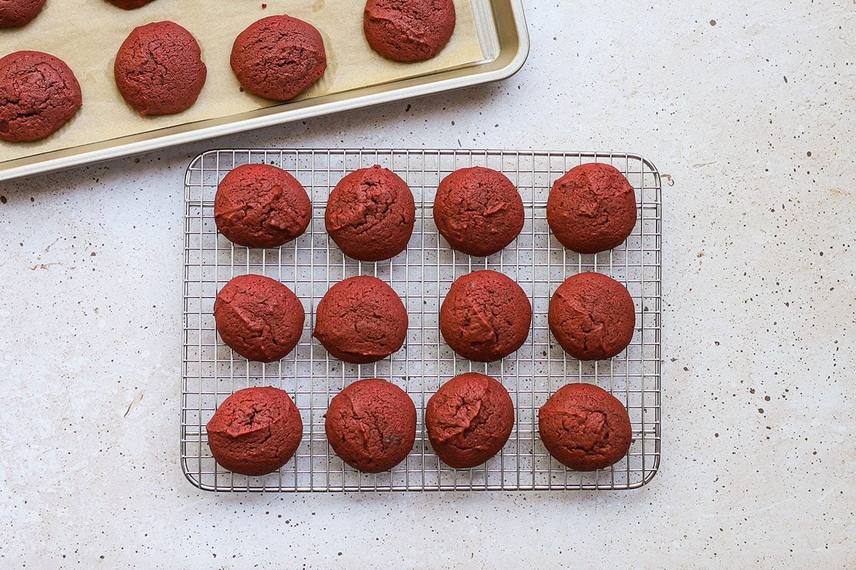 Red velvet whoopie pies baked, ready to fill.